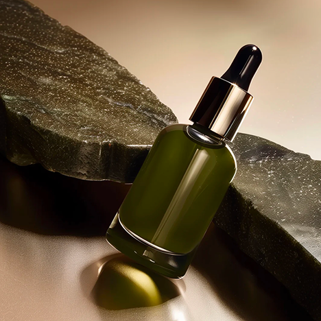 Green botanical serum bottle arranged on dark natural stone